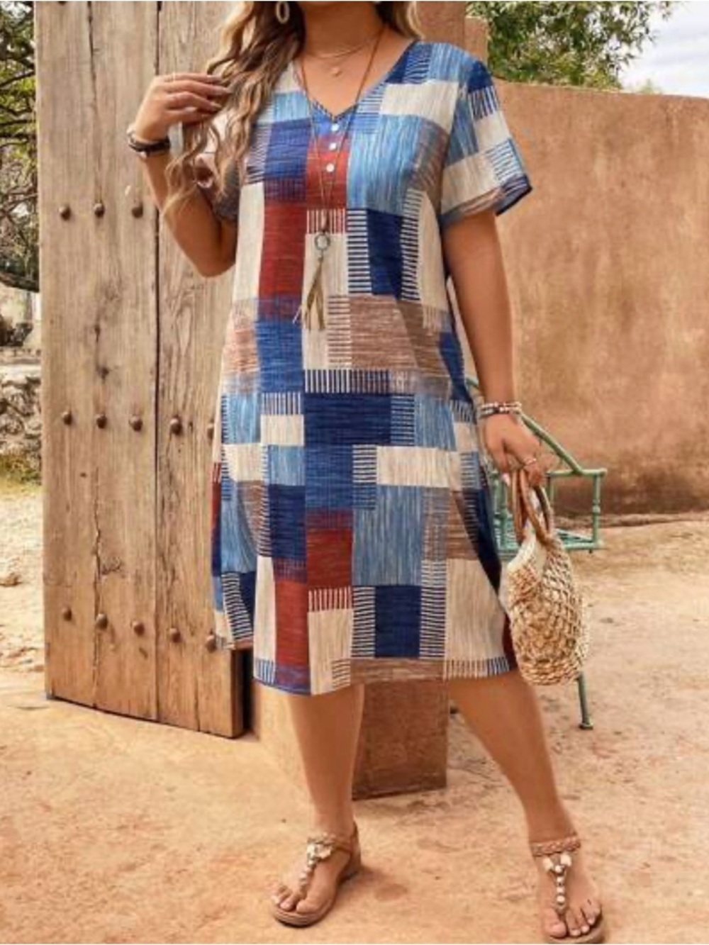 Patchwork V-Neck Midi Dress in Blue Multi